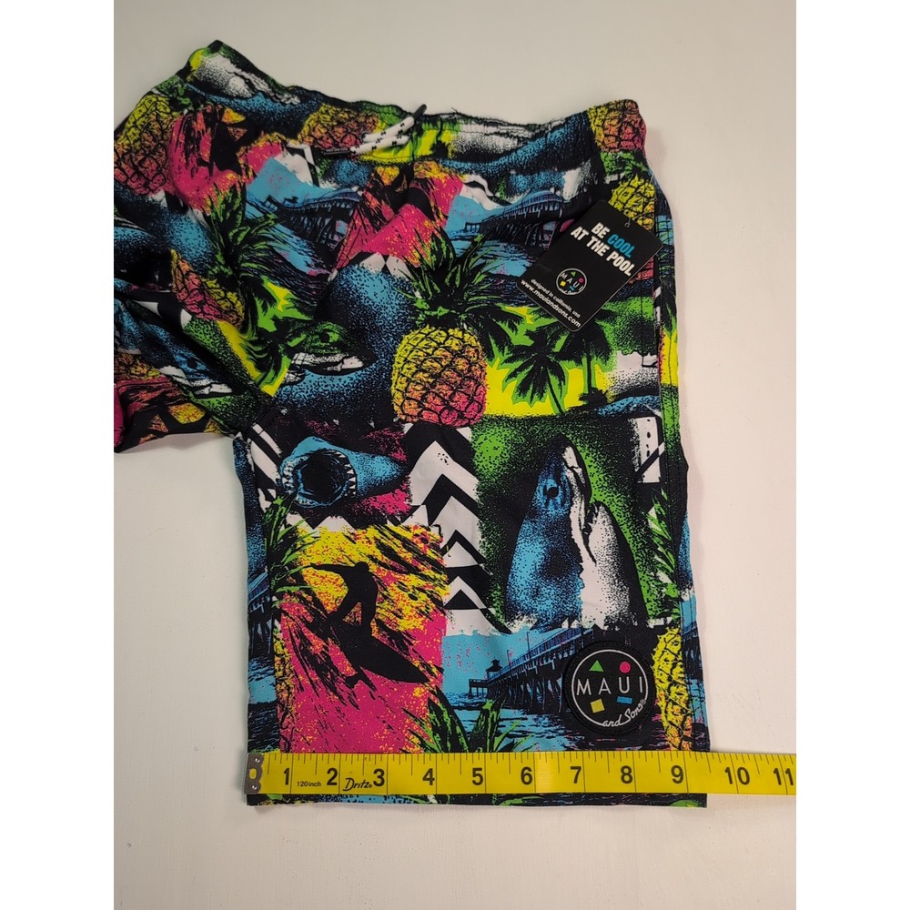 NEW Maui and Sons Boys XL 18 Pool Shorts Swim Trunks Neon Shark Pineapple Print - Picture 8 of 12